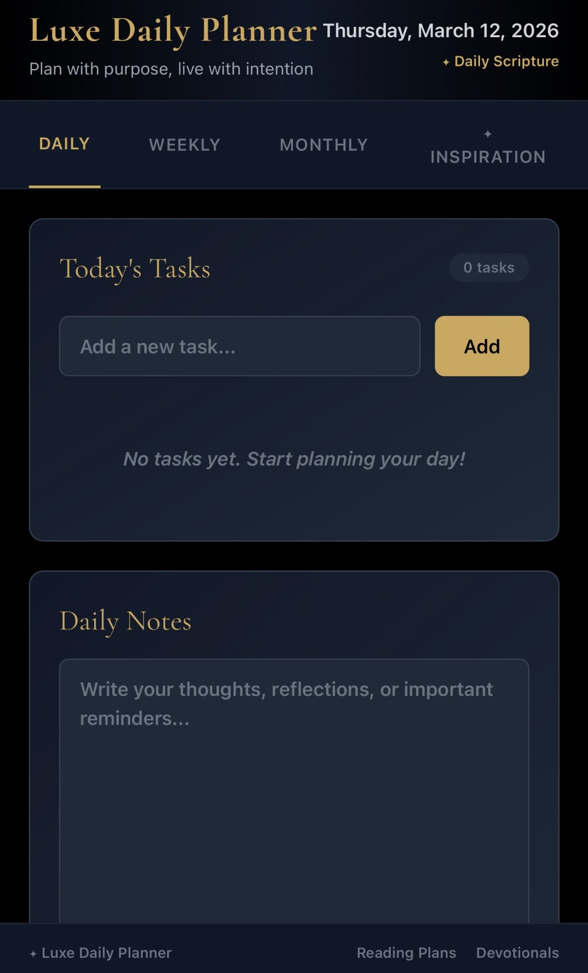 Luxurious digital planner with daily, weekly, and monthly tabs, plus daily biblical quotes with notes!