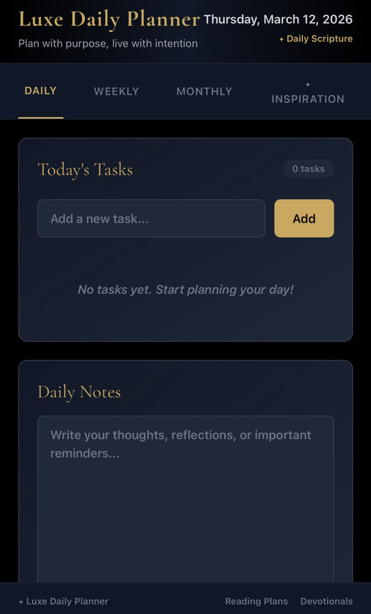 Luxurious digital planner with daily, weekly, and monthly tabs, plus daily biblical quotes with notes!